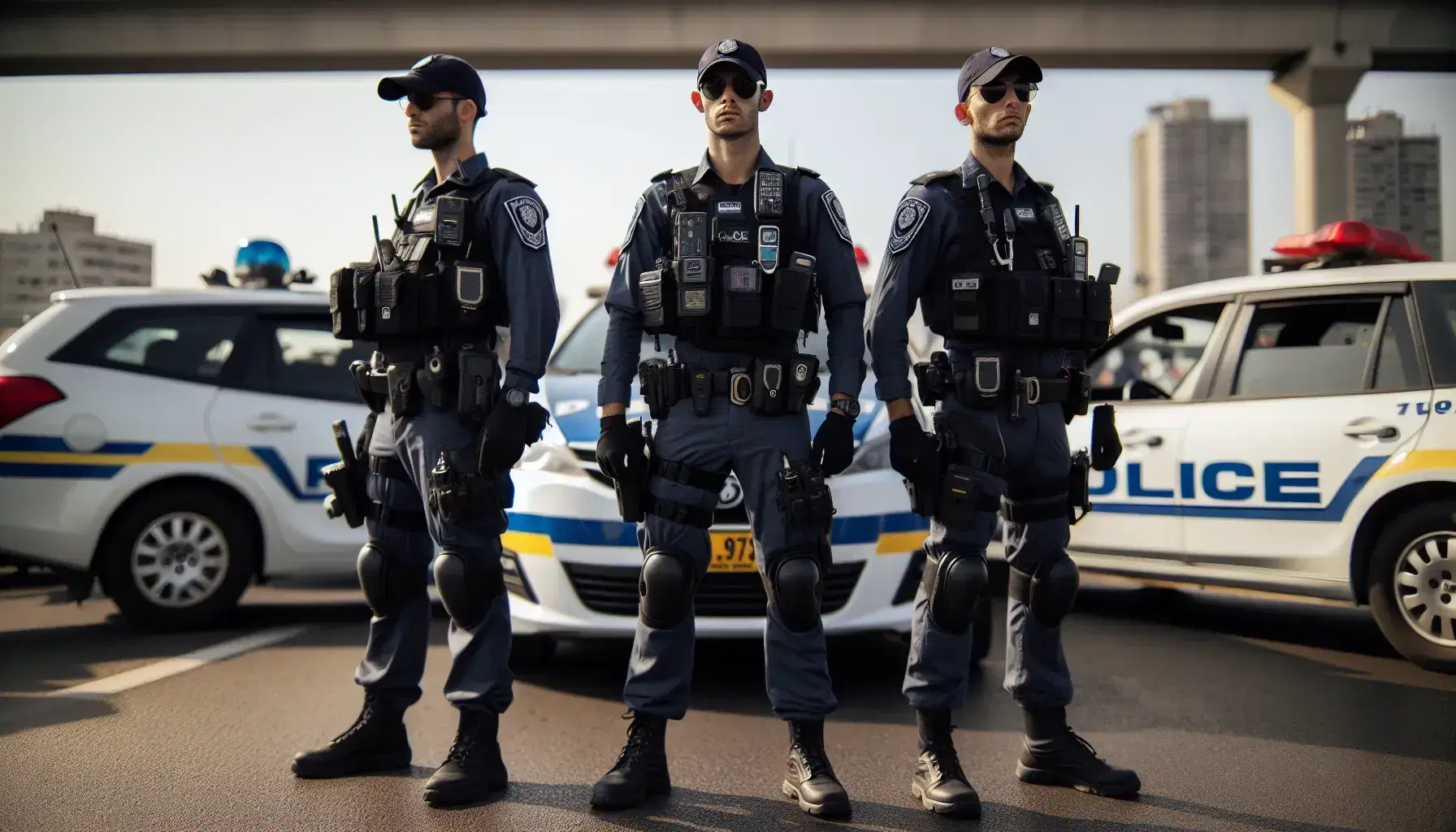 Tres oficiales de policía en uniforme azul oscuro forman una formación triangular frente a un coche patrulla blanco con franjas azules y amarillas, en un día claro.