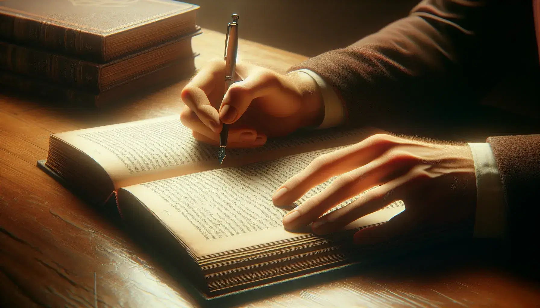 Close-up of hands on an open book with a pen, finger pointing to text on a polished wooden desk, suggesting focused study or note-taking.