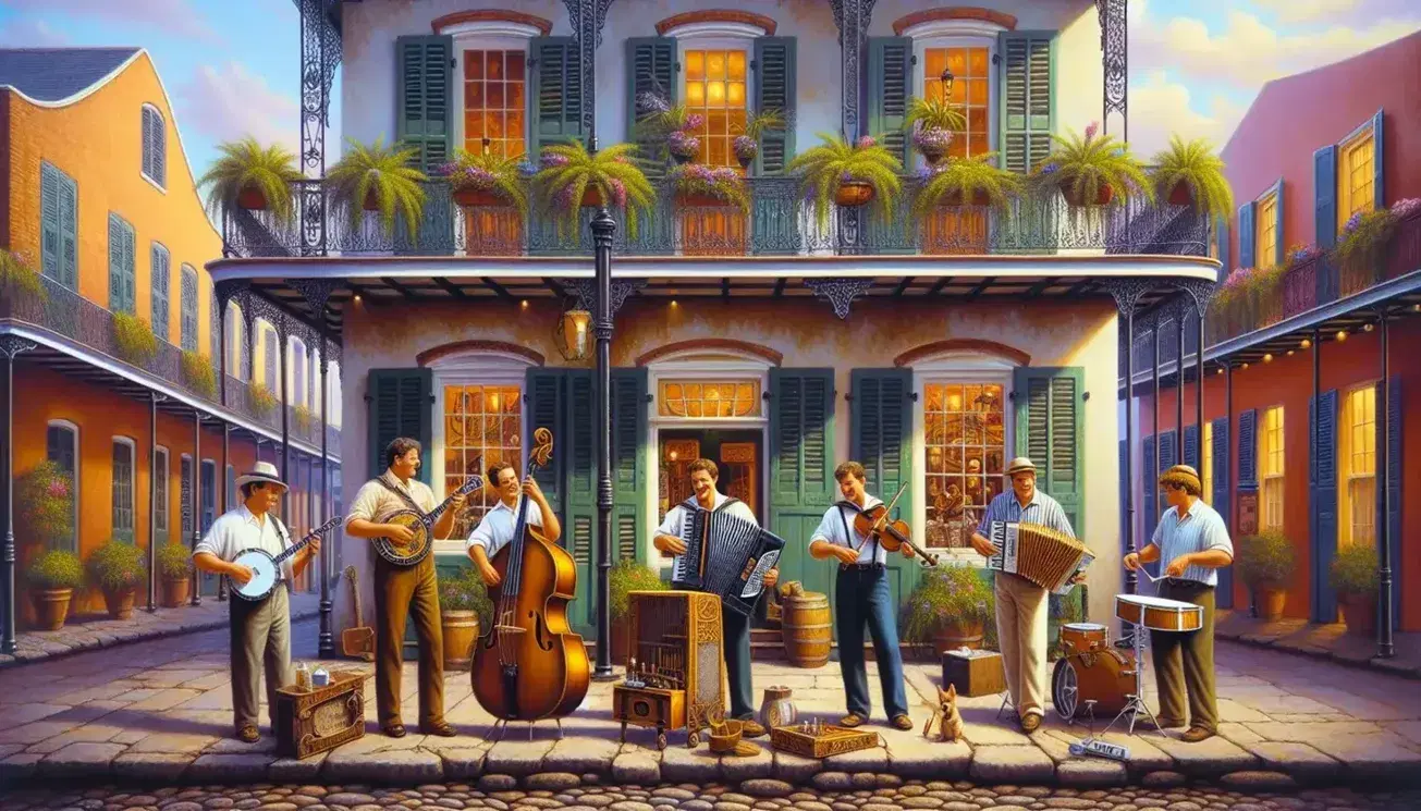 Vibrant New Orleans French Quarter street scene with musicians playing accordion, fiddle, and washboard, and a table with gumbo on a checkered cloth.