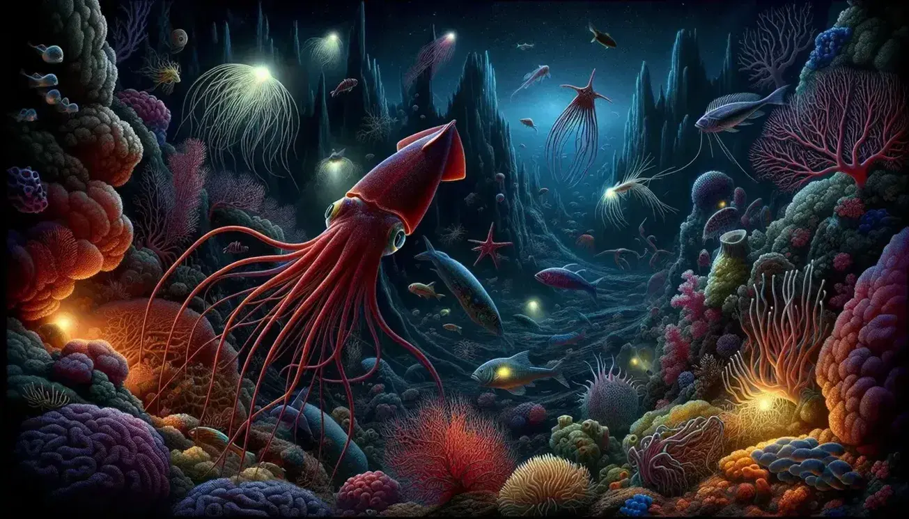 Calamar gigante rojo oscuro con tentáculos en un hábitat submarino profundo rodeado de peces alargados y bioluminiscentes, corales coloridos y fauna bentónica en un fondo rocoso.