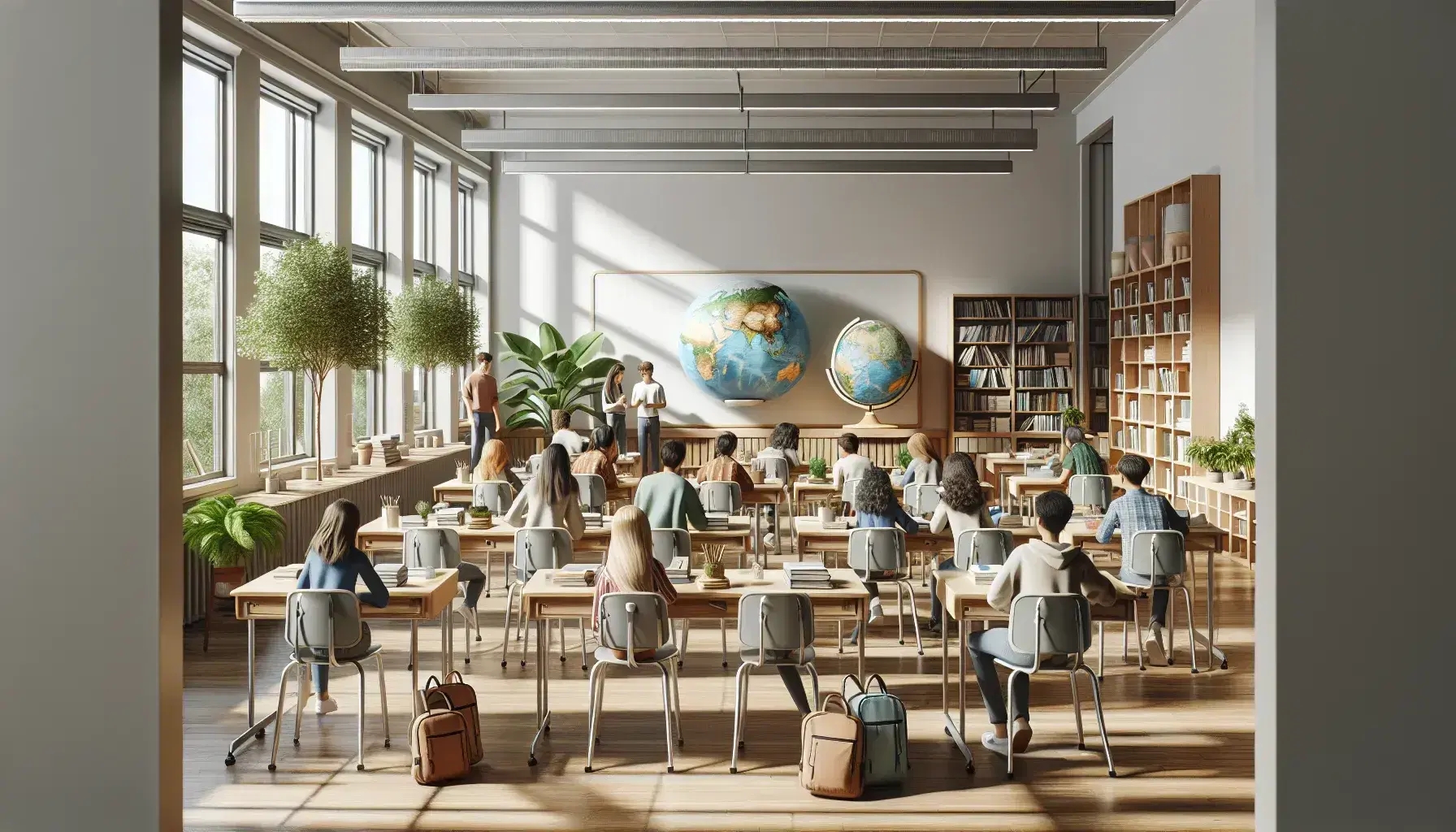 Aula espaciosa y luminosa con pupitres de madera, sillas grises, pizarra blanca y globo terráqueo, estantería con libros y estudiantes colaborando al fondo.