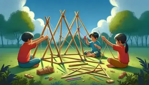 Bambini in parco creano modelli triangolari con bastoncini e corde su erba verde, sotto cielo azzurro.