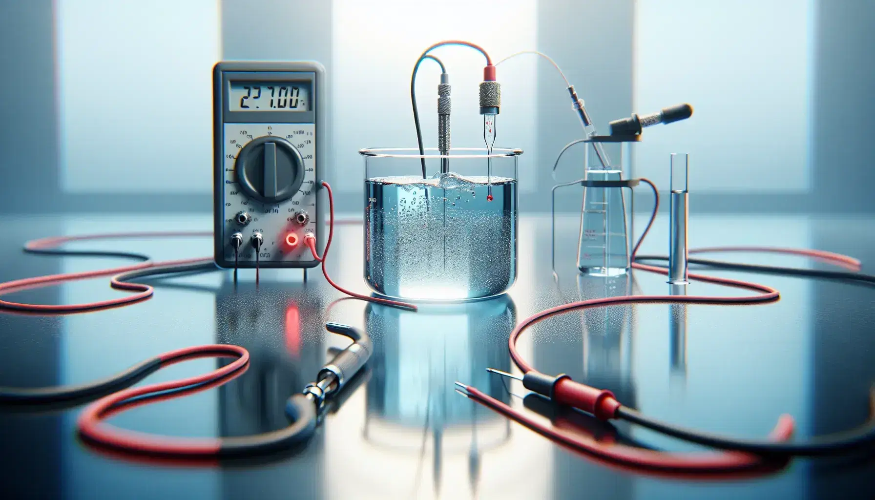 Science laboratory with glass container and blue substance, immersed electrodes connected to wires, digital multimeter and drop pipette.
