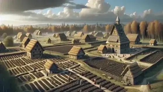 Reconstrucción detallada de una aldea de la Alta Edad Media con casas de techos de paja y muros de piedra, un gran edificio central y campesinos trabajando en campos arados.