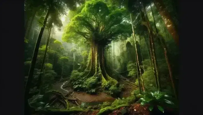 Foresta pluviale lussureggiante con albero maestoso al centro, radici visibili, liane, ruscello e diversità di piante verdi.