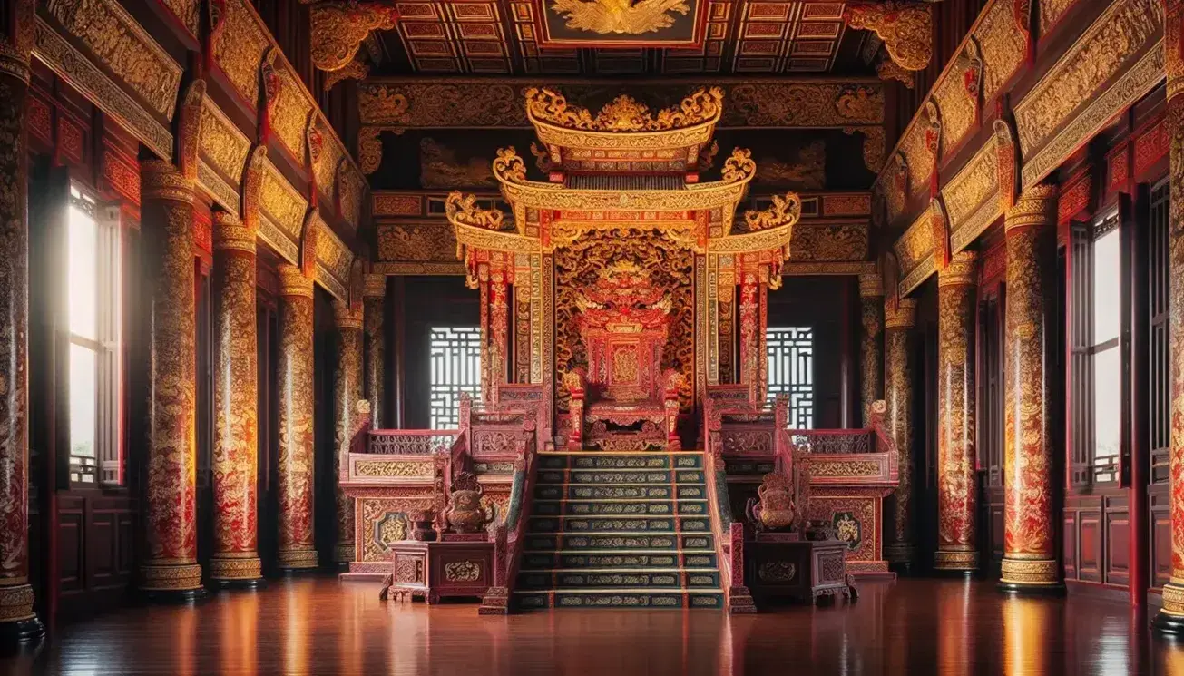 Ornate red and gold lacquered wooden throne on a platform with decorative steps, flanked by carved columns in the Hue Imperial City's throne room.
