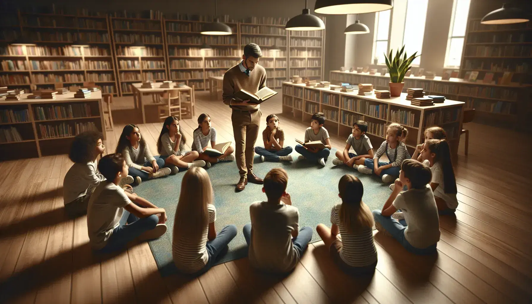 Grupo de estudiantes atentos escuchando a educador con libro abierto en biblioteca escolar, rodeados de estanterías con libros y decoración acogedora.