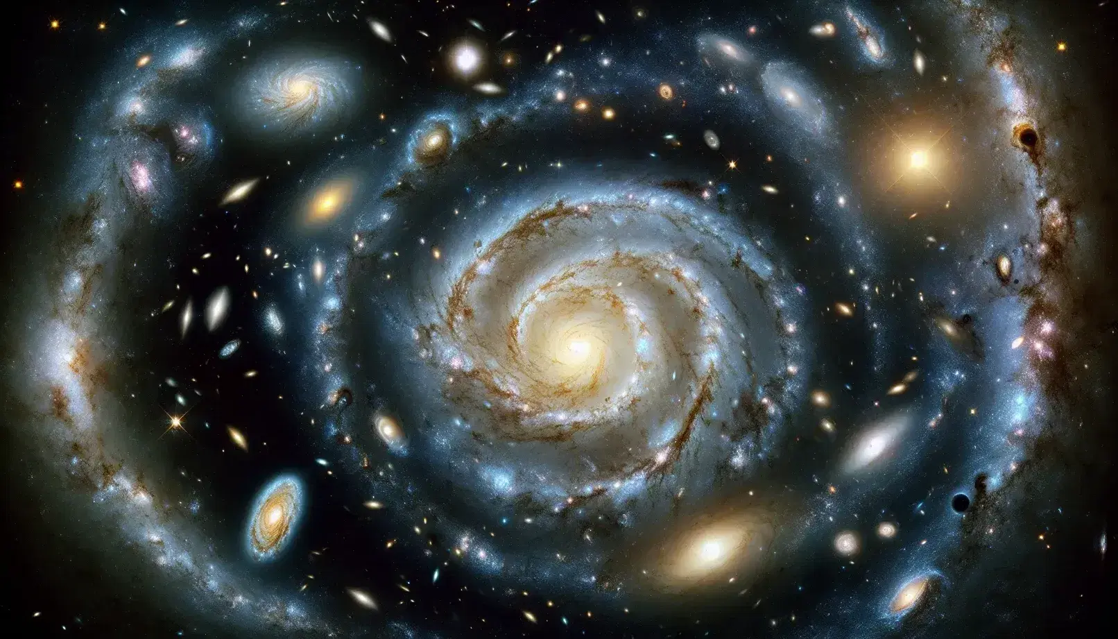 Spiral galaxy with blue and white arms, bright yellow core, surrounded by fainter galaxies and a pink-purple nebula in a star-filled deep space scene.