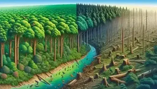 Lush forest with various shades of green and wildlife on the left, barren landscape with felled logs on the right, stream becoming cloudy in the foreground.
