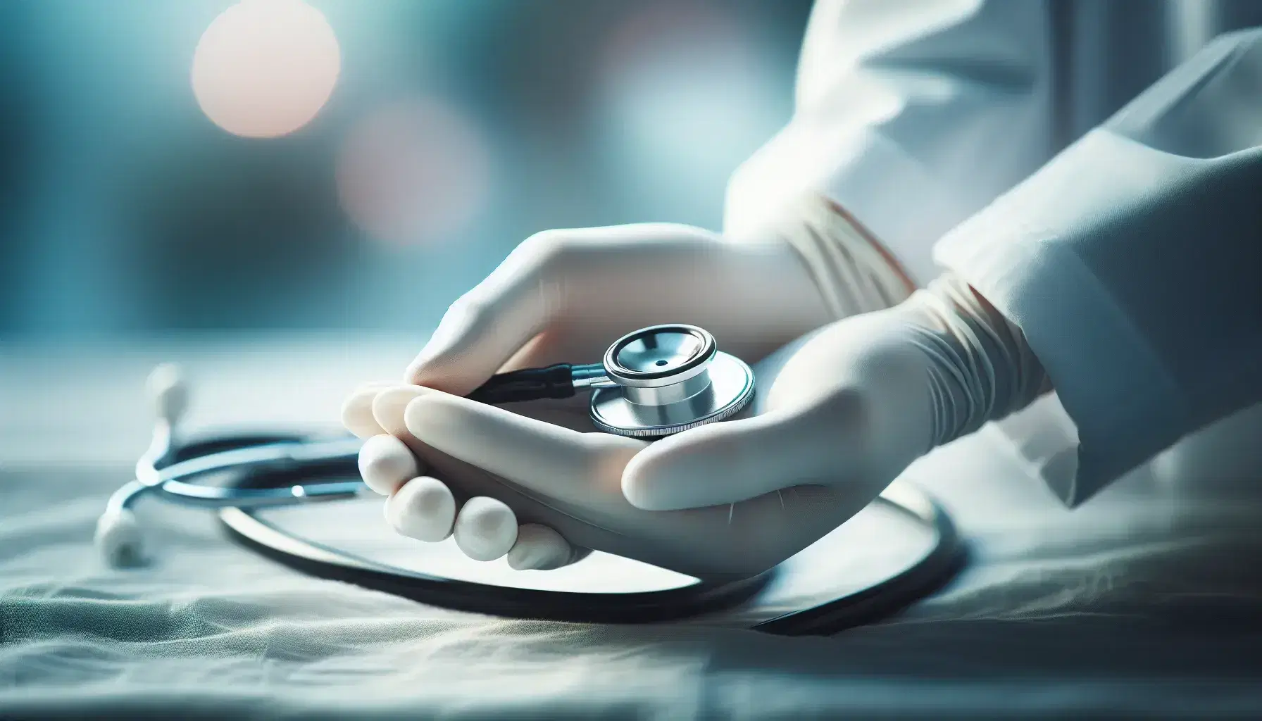 Manos con guantes de enfermería sujetando un estetoscopio sobre fondo desenfocado en tonos azules y verdes, transmitiendo profesionalismo y cuidado médico.