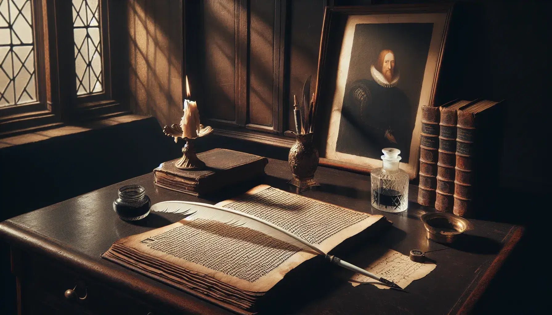 Libro antico aperto su scrivania in legno con pagine ingiallite, penna d'oca e calamaio, candela consumata e ritratto sfocato sullo sfondo.