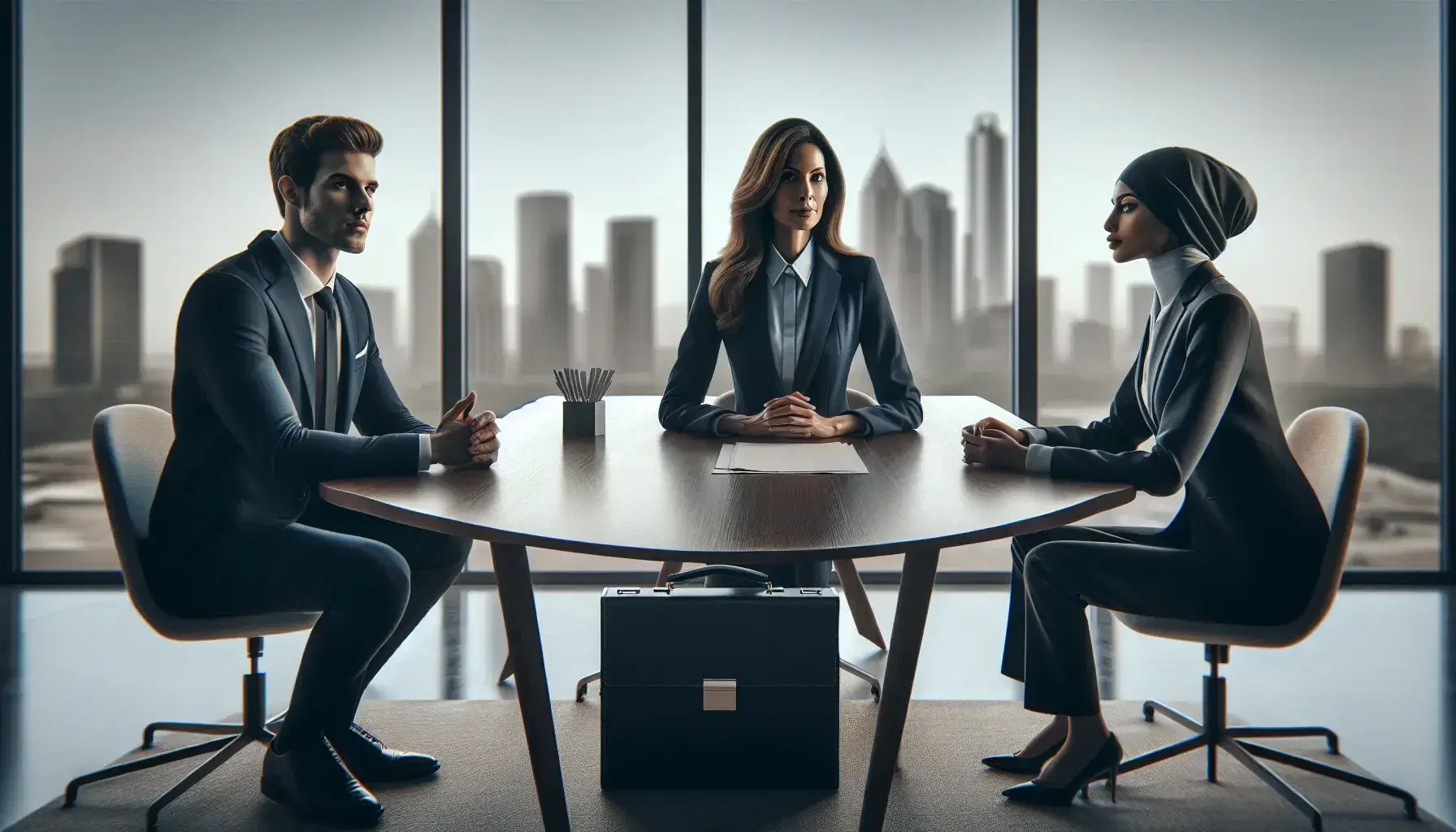 Three professionals in a meeting, with a woman HR in the center, a man and another woman candidates on sides, at a wooden table in an office with city view.