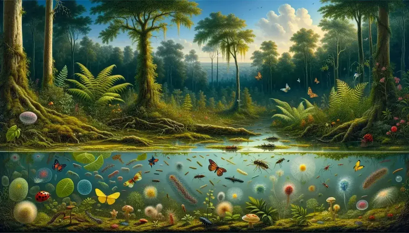 Escena natural con estanque, organismos unicelulares, vegetación frondosa, insectos coloridos, aves y bosque al fondo bajo cielo azul.
