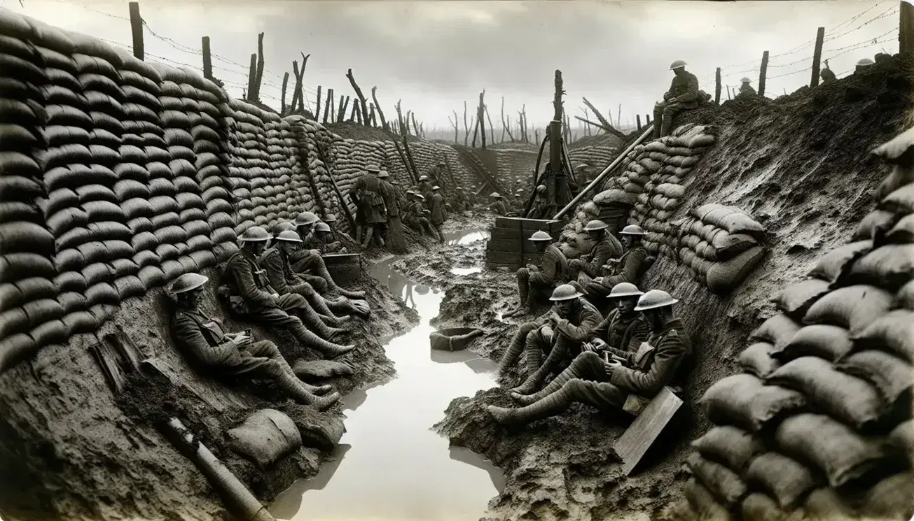 Scena di vita in trincea durante la Prima Guerra Mondiale con soldati stanchi e pezzo d'artiglieria camuffato, cielo nuvoloso riflesso in pozzanghere.