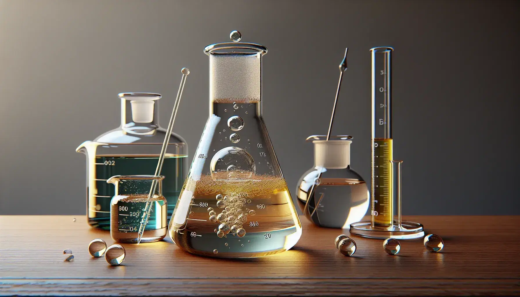 Glass flask on laboratory bench with yellowish transparent liquid and bubbles, next to round container with amber liquid and glass rod.