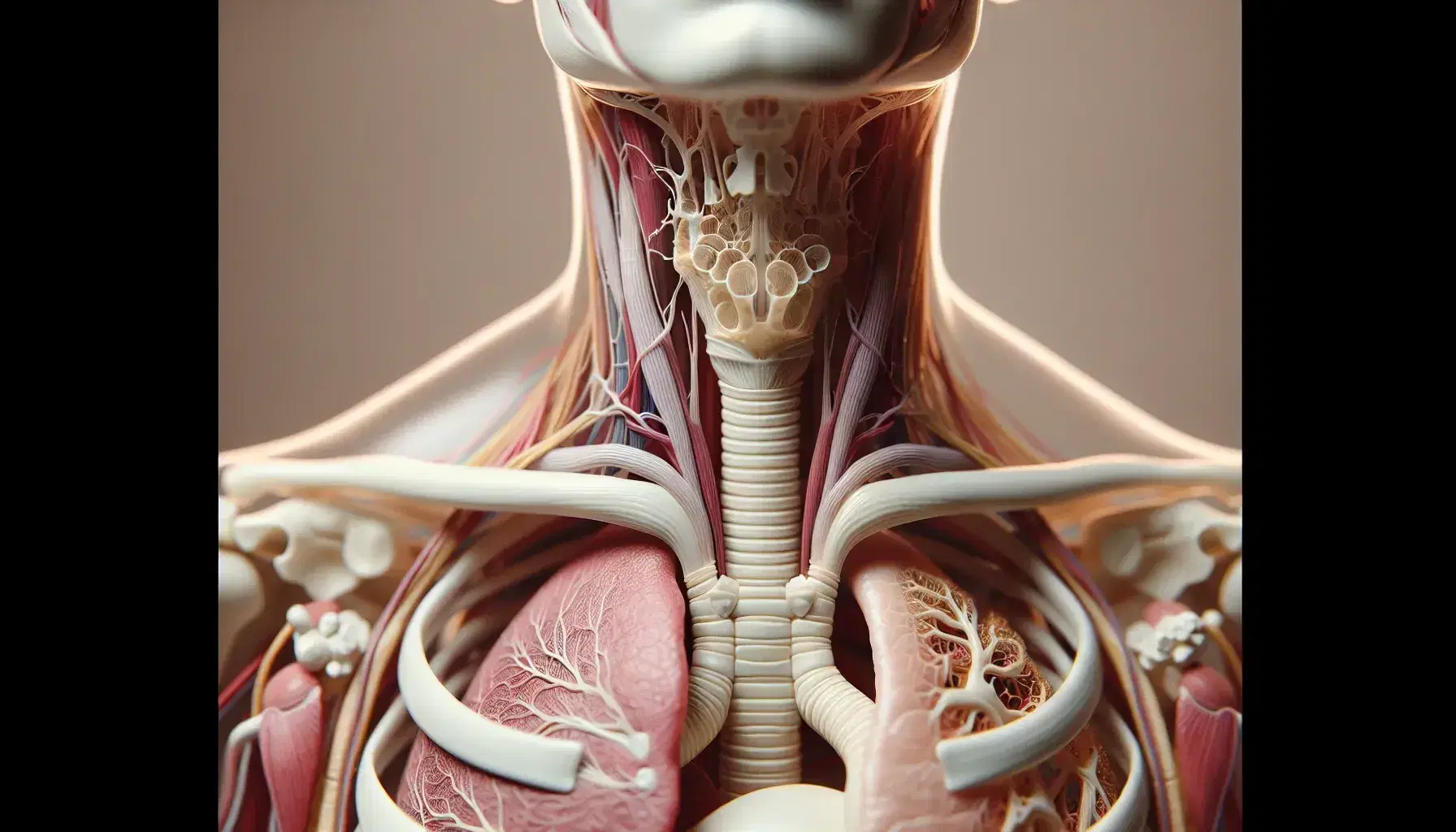Modelo anatómico transparente que muestra la tráquea con anillos cartilaginosos y su bifurcación hacia los pulmones, rodeado de tejidos en tonos suaves.