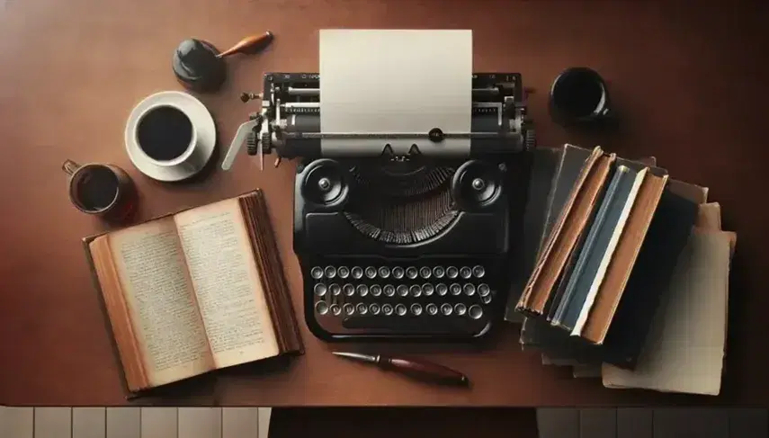 Cozy writer's desk with vintage typewriter, stack of paper, open hardcover book, steaming coffee mug, glasses, and potted plant on a mahogany surface.