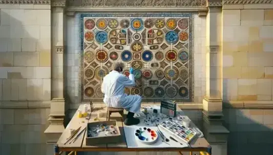 Conservator restores colorful ceramic tile mosaic on historical building facade, using fine brush on vibrant patterned tiles from scaffold.