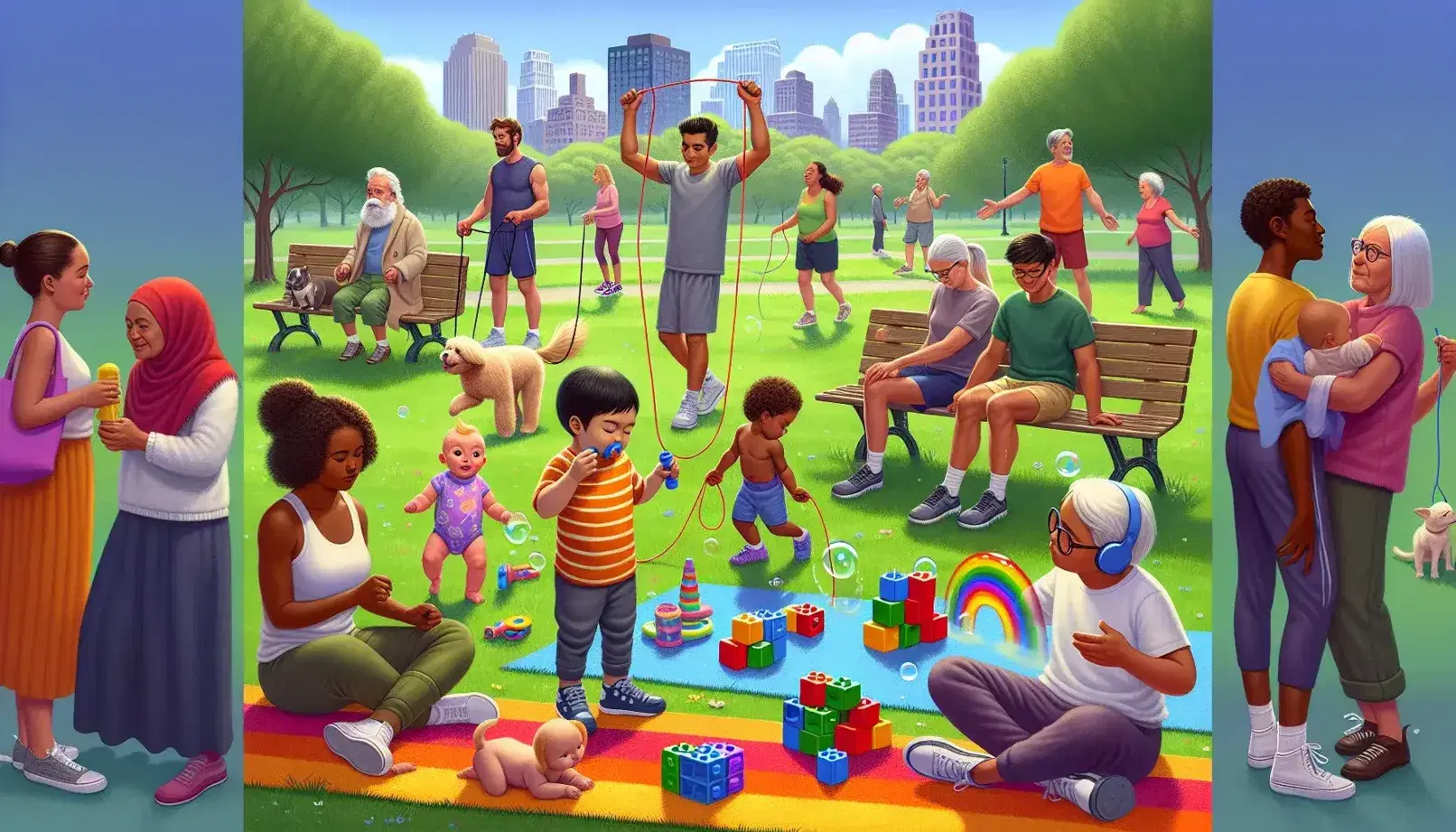 Grupo diverso de personas disfrutando de actividades al aire libre en un parque soleado, con un bebé jugando, un niño haciendo burbujas y más.