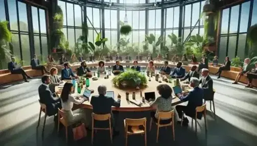 Diverse group engaged in a climate policy meeting around a wooden table with laptops, notepads, and reusable bottles, in a well-lit room with a large plant.