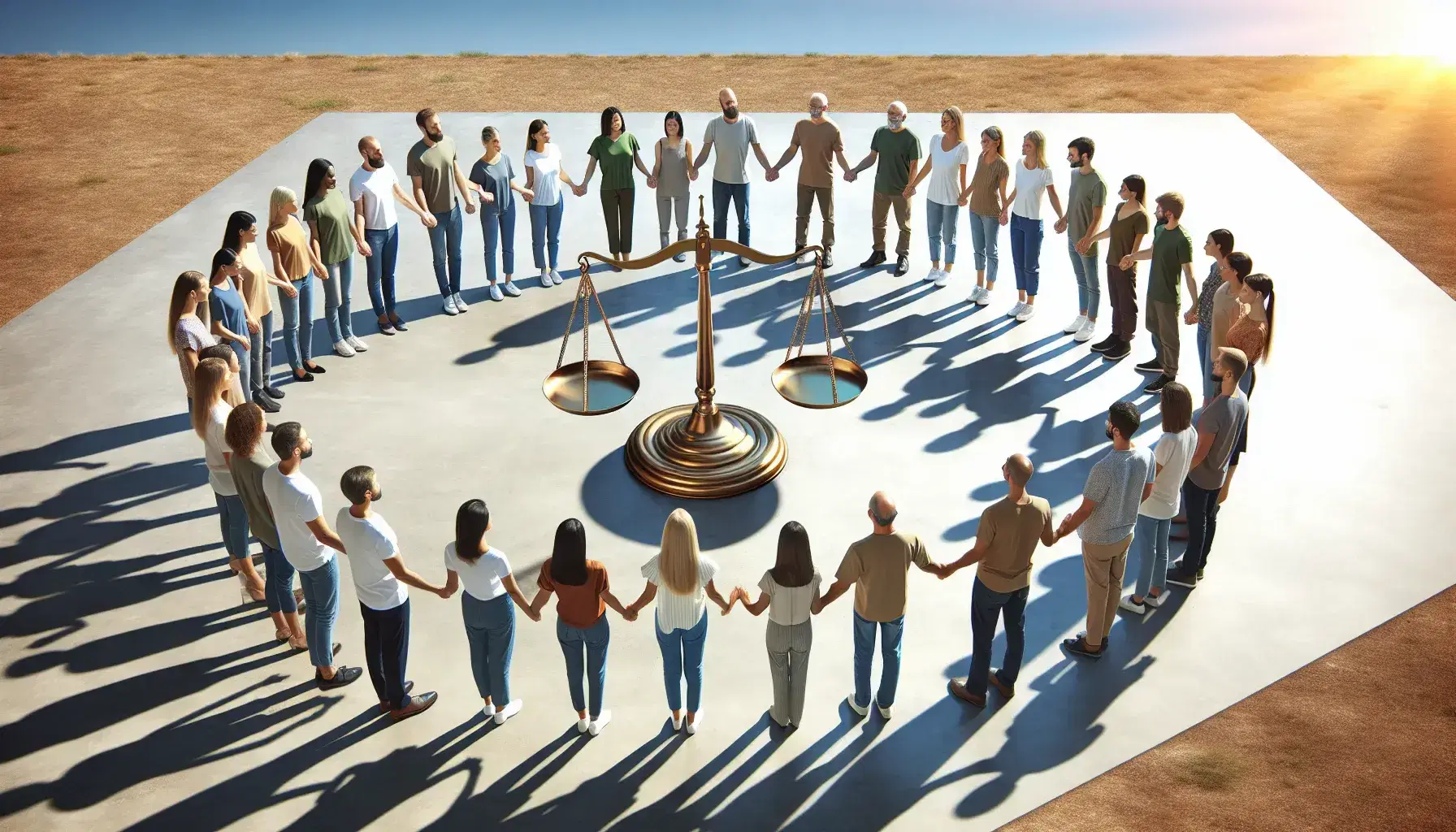 Grupo diverso de personas en círculo alrededor de una balanza dorada equilibrada en un espacio abierto con cielo azul, simbolizando equidad y unidad.