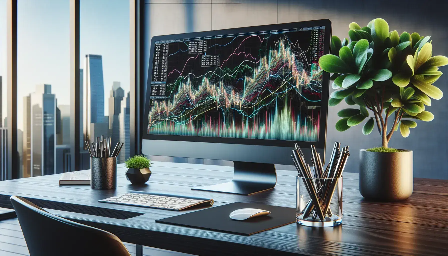 Modern office with a dark wood desk, computer displaying stock market graphs, black peripherals, metallic pens, and a potted plant, against a city skyline backdrop.