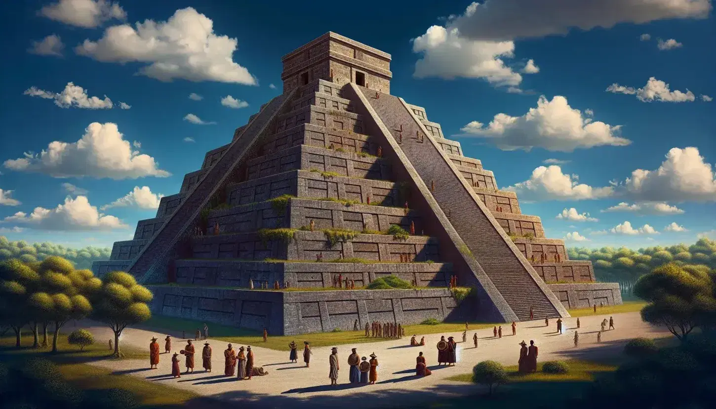 Pirámide escalonada de piedra con personas en actividades cotidianas bajo cielo azul, rodeada de vegetación verde, reflejando la historia antigua.