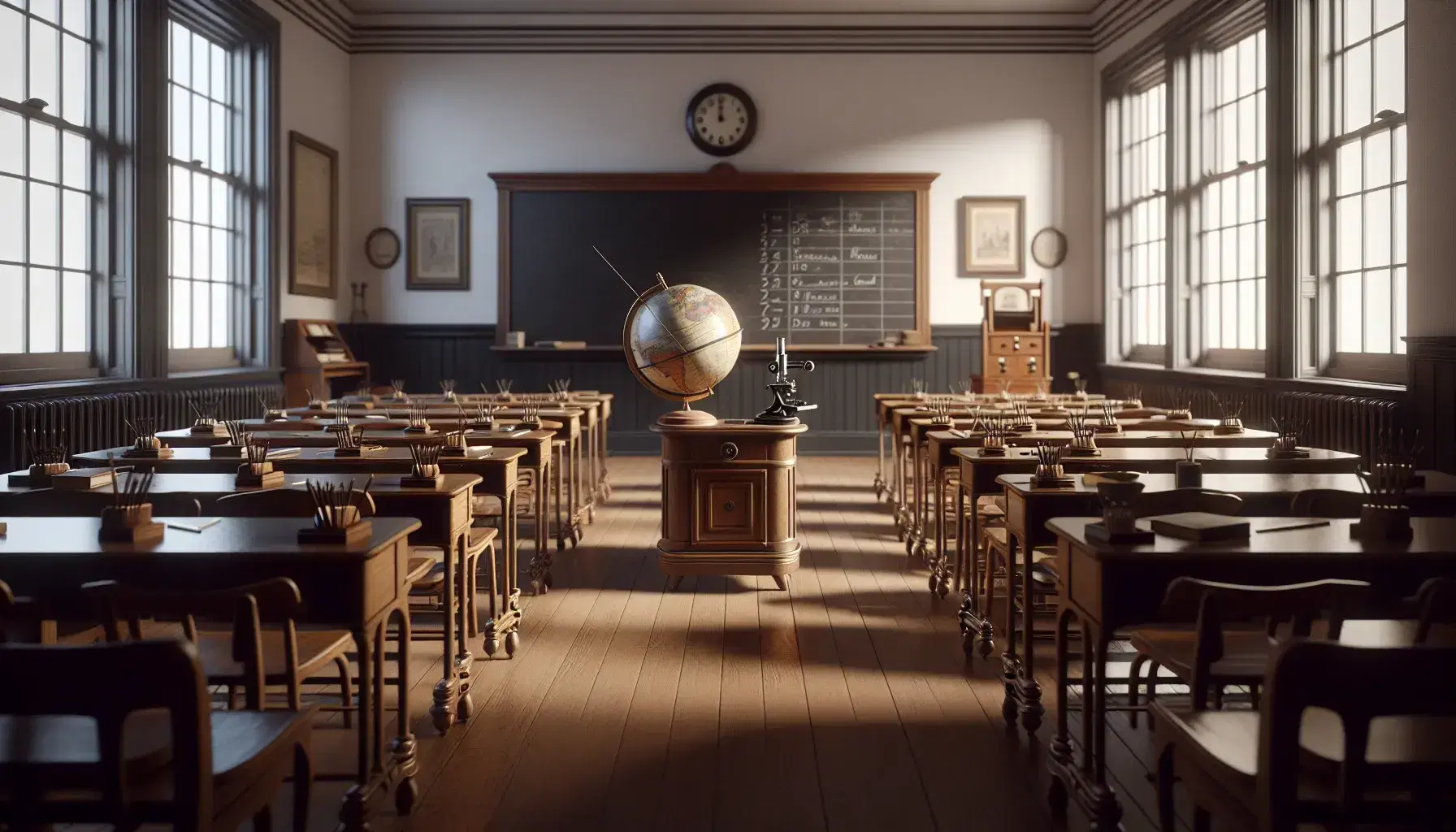Aula scolastica vintage con banchi in legno, lavagna nera, mappamondo, microscopio antico e orologio da parete in un'atmosfera di attesa silenziosa.