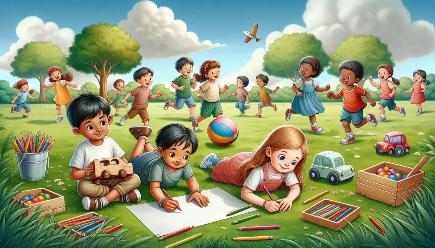 Niños de diversas etnias jugando en un campo verde, con un niño sentado con un coche de juguete y una niña dibujando, otros corriendo con un balón y un árbol al fondo.