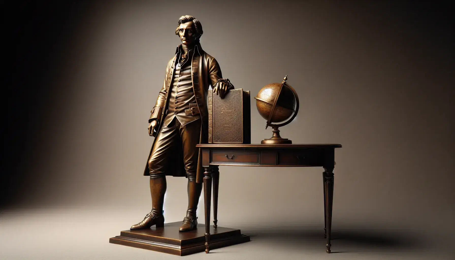 Estatua de bronce de hombre del siglo XVIII con mano en libro cerrado y sosteniendo un globo terráqueo, resaltando detalles de vestimenta y peluca.