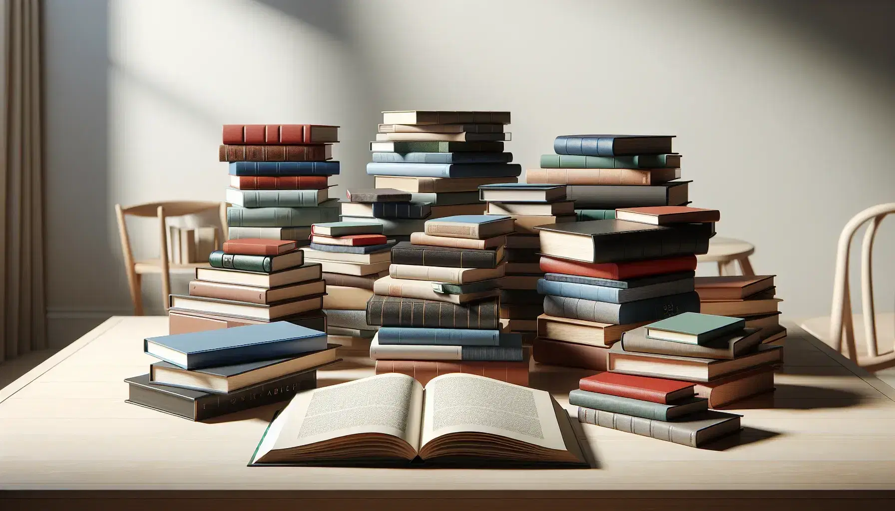 Variedad de libros apilados en mesa de madera clara con un libro abierto en primer plano, páginas en blanco, bajo luz natural suave y fondo neutro.