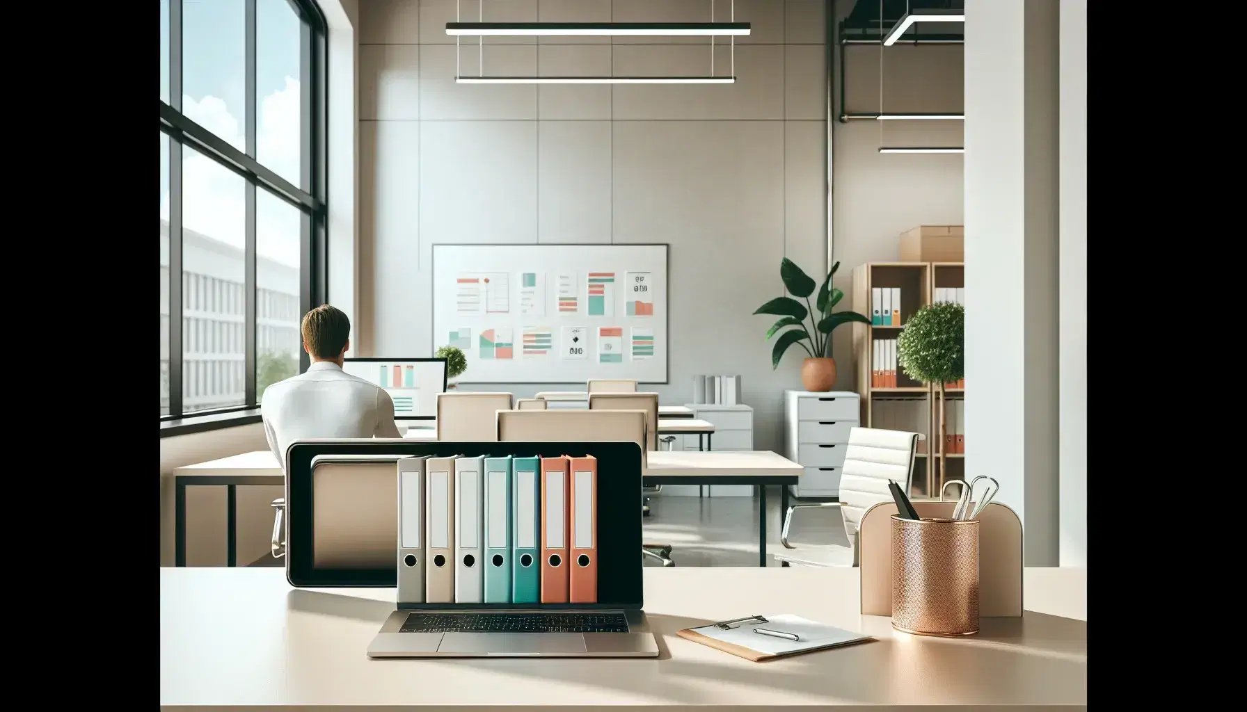 Oficina moderna y luminosa con mesa de trabajo, laptop abierto, carpetas de colores, pizarra blanca y planta interior, con persona de espaldas frente a ventana.