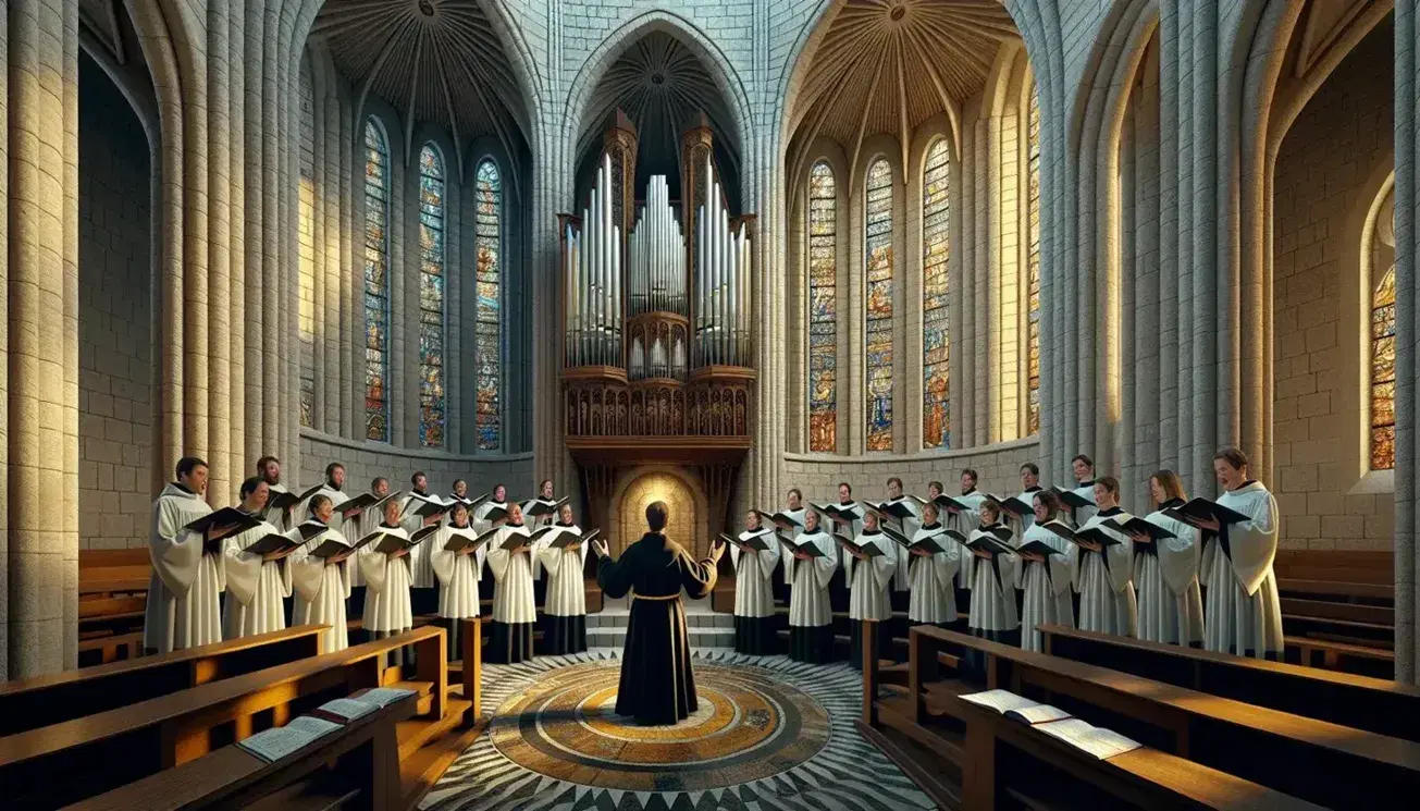 Coro liturgico in azione con direttore in abito nero e cantori in toga bianca, interni di chiesa con vetrate colorate e organo.