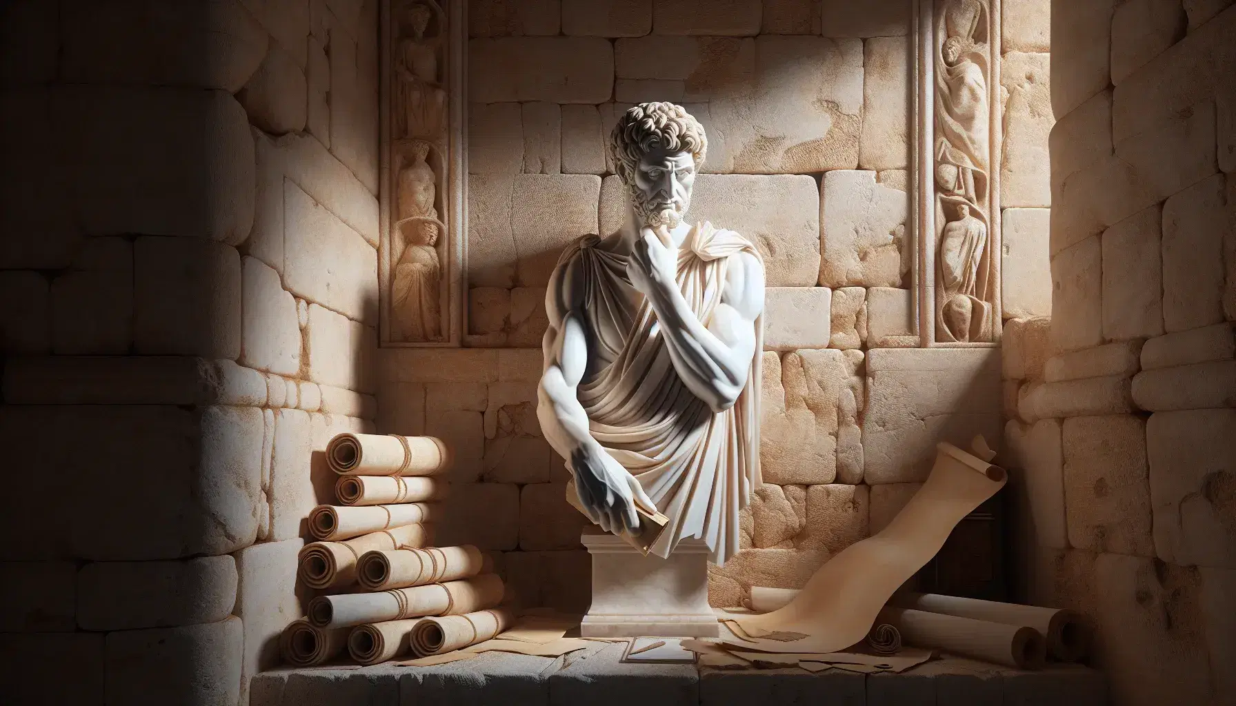 Statua in marmo bianco di filosofo romano in toga con sfondo di muro antico, rotoli di papiro e ramo d'olivo.