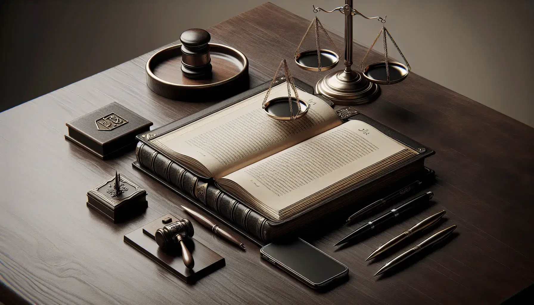 Escritorio de madera oscuro con libro abierto, balanza de justicia de bronce, sello con tinta, bolígrafos metálicos y smartphone apagado.