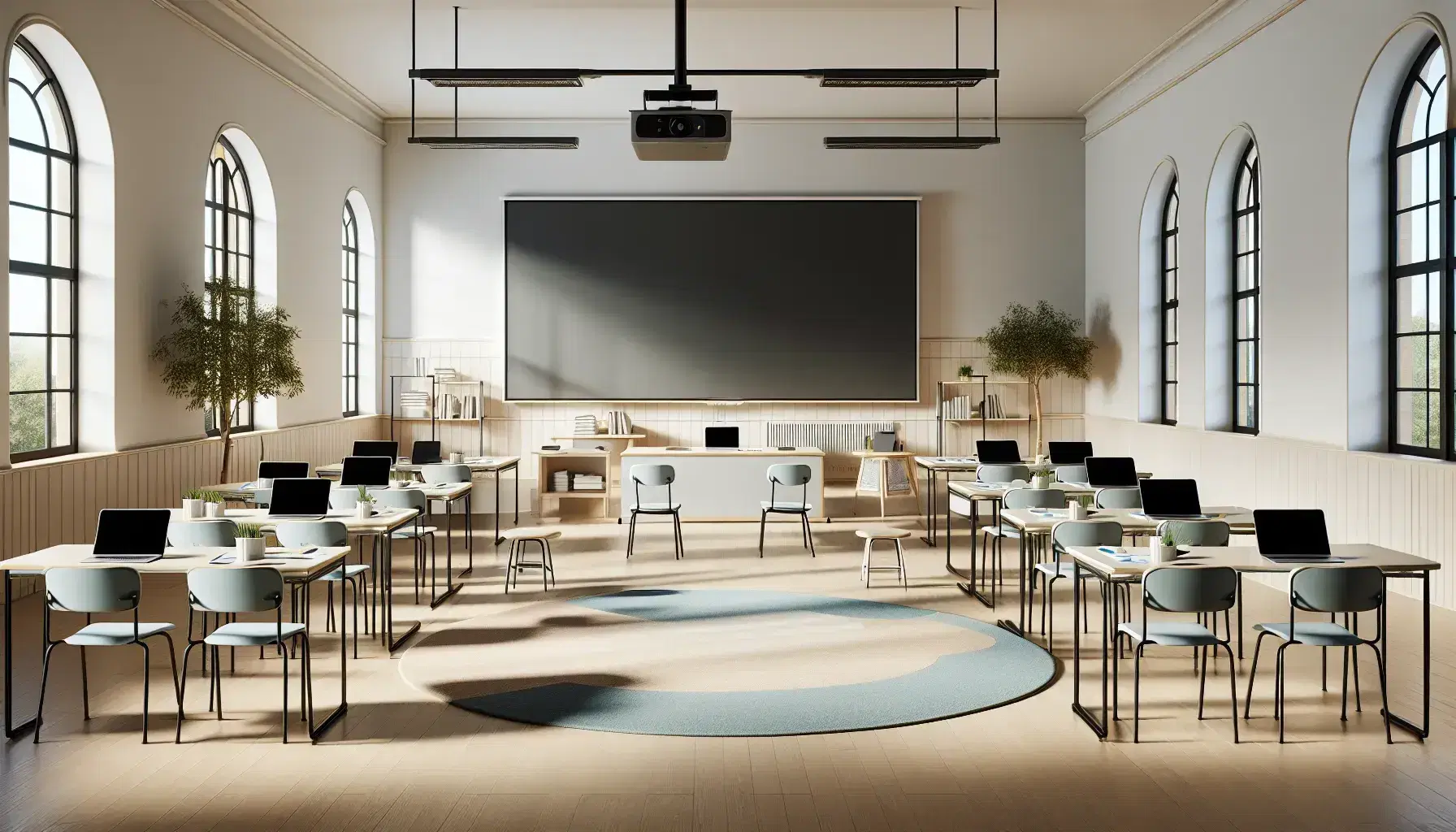 Aula vuota con banchi distanziati per misure anti-COVID, sedie coordinate, lavagna interattiva spenta, laptop e proiettore su tavolo, tappeto rotondo e cuscini al centro.
