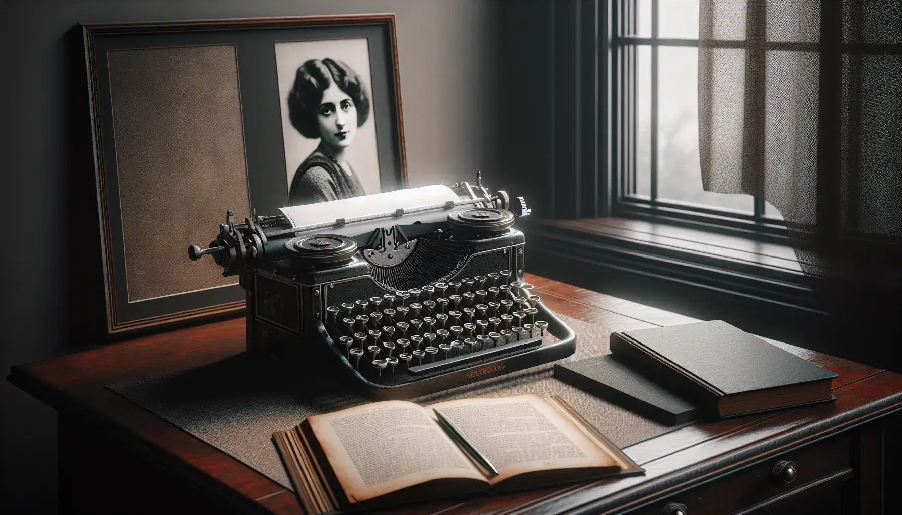Vintage typewriter with round keys on a polished wooden desk, blank paper inserted, beside an open book and a framed photo of a contemplative woman.