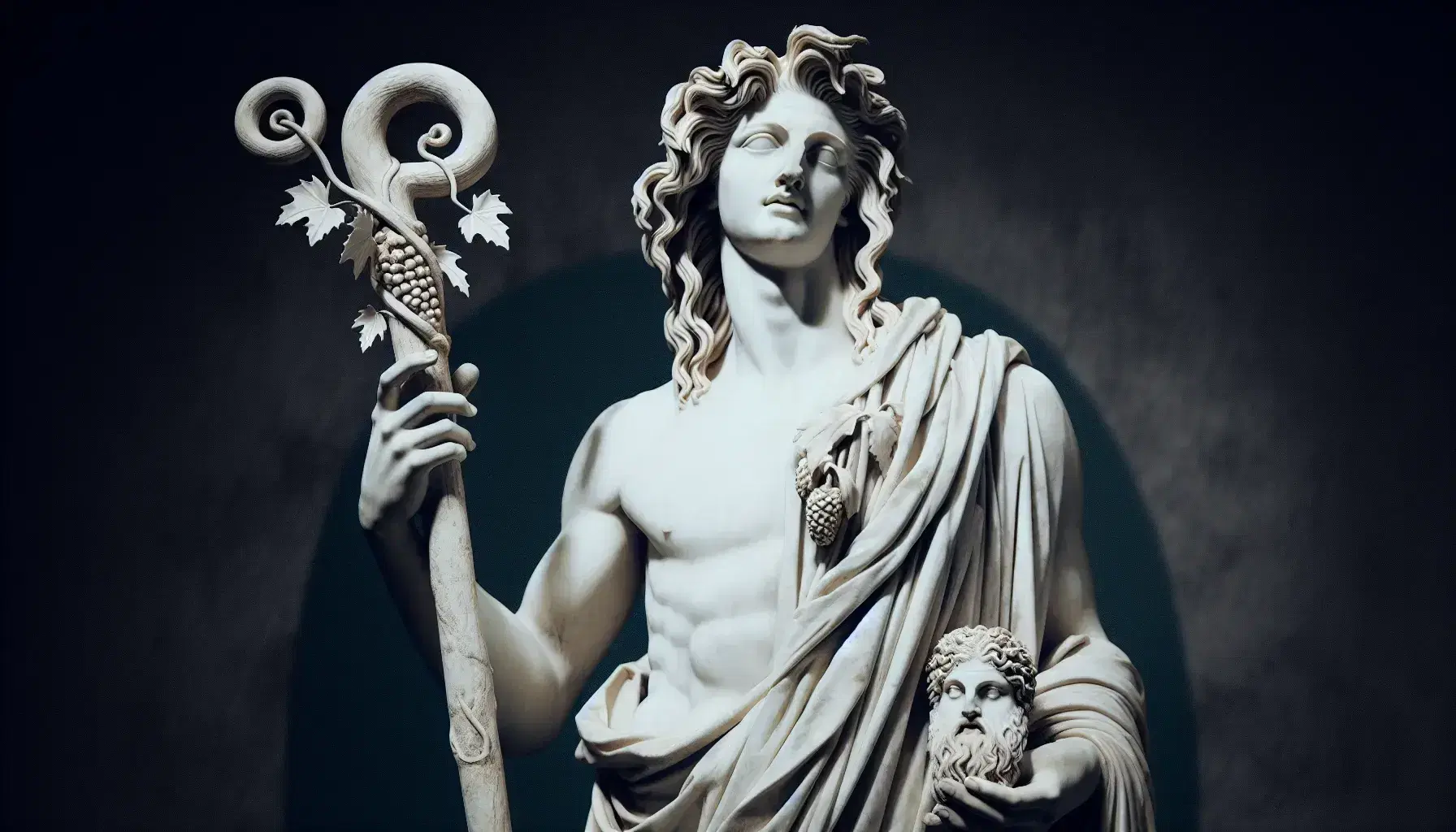 Statua marmorea antica di Dioniso con torso nudo, capelli lunghi e thyrsus, su piedistallo bianco, senza elementi di distrazione.