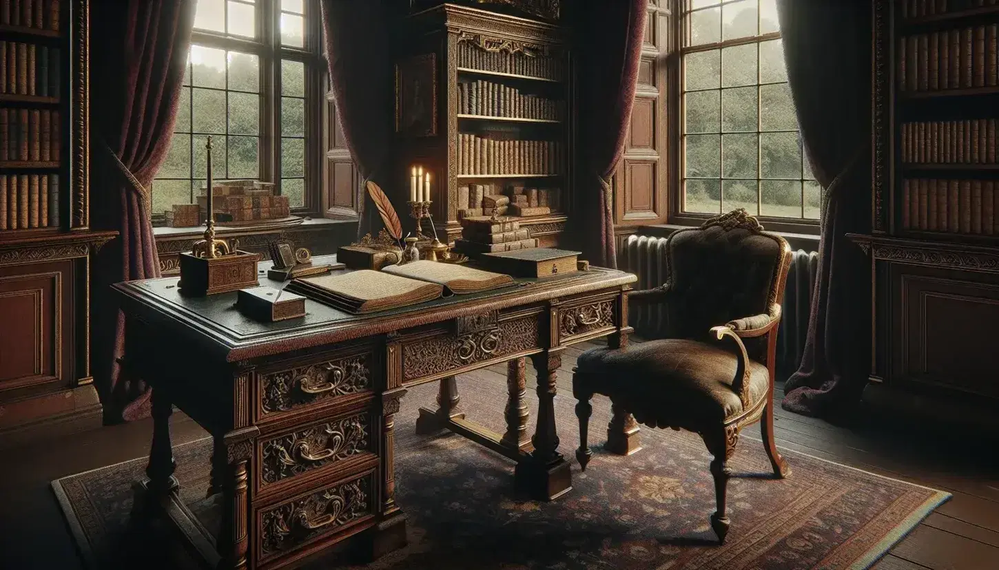 19th-century study with an ornate desk, open book, quill, inkwell, bay window with burgundy curtains, armchair, candle, and Persian rug.