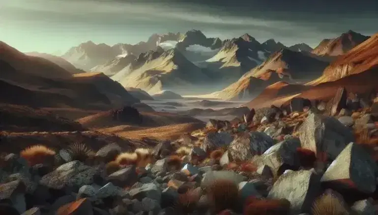 Vista panorámica de paisaje montañoso con picos nevados, rocas en primer plano y cielo despejado.