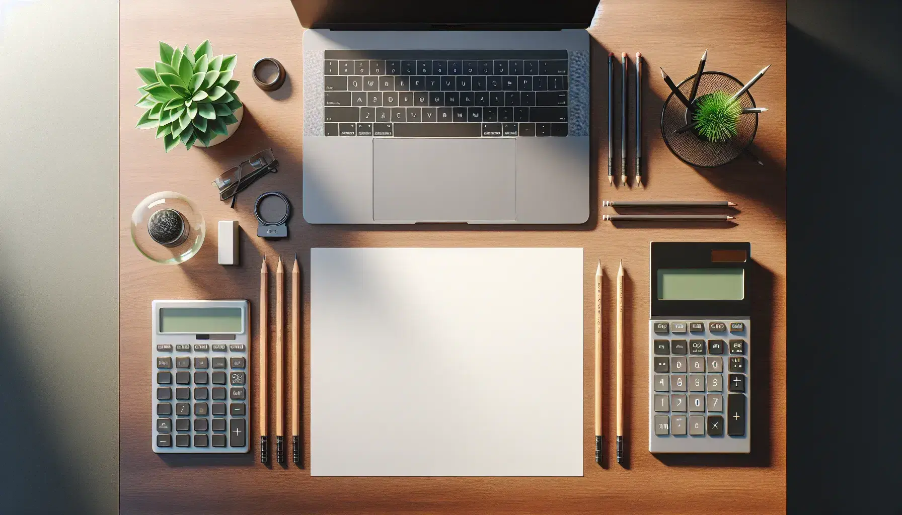 Tidy desk from above with silver laptop, blank sheet of paper, black calculator, wooden pencils, eraser and green plant next to beaker with green liquid.