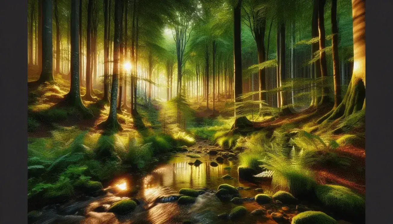 Serene forest scene at golden hour with sunlight filtering through tall trees, a clear stream, and a floor covered in leaves, ferns, and moss.