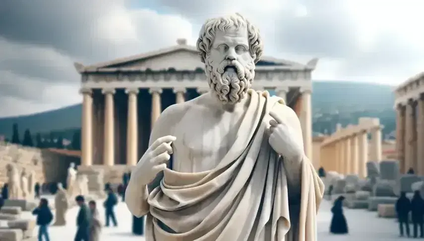 Statua in marmo di Socrate pensieroso con tunica nell'agora greca, tra colonne e persone in abiti d'epoca sotto cielo azzurro.