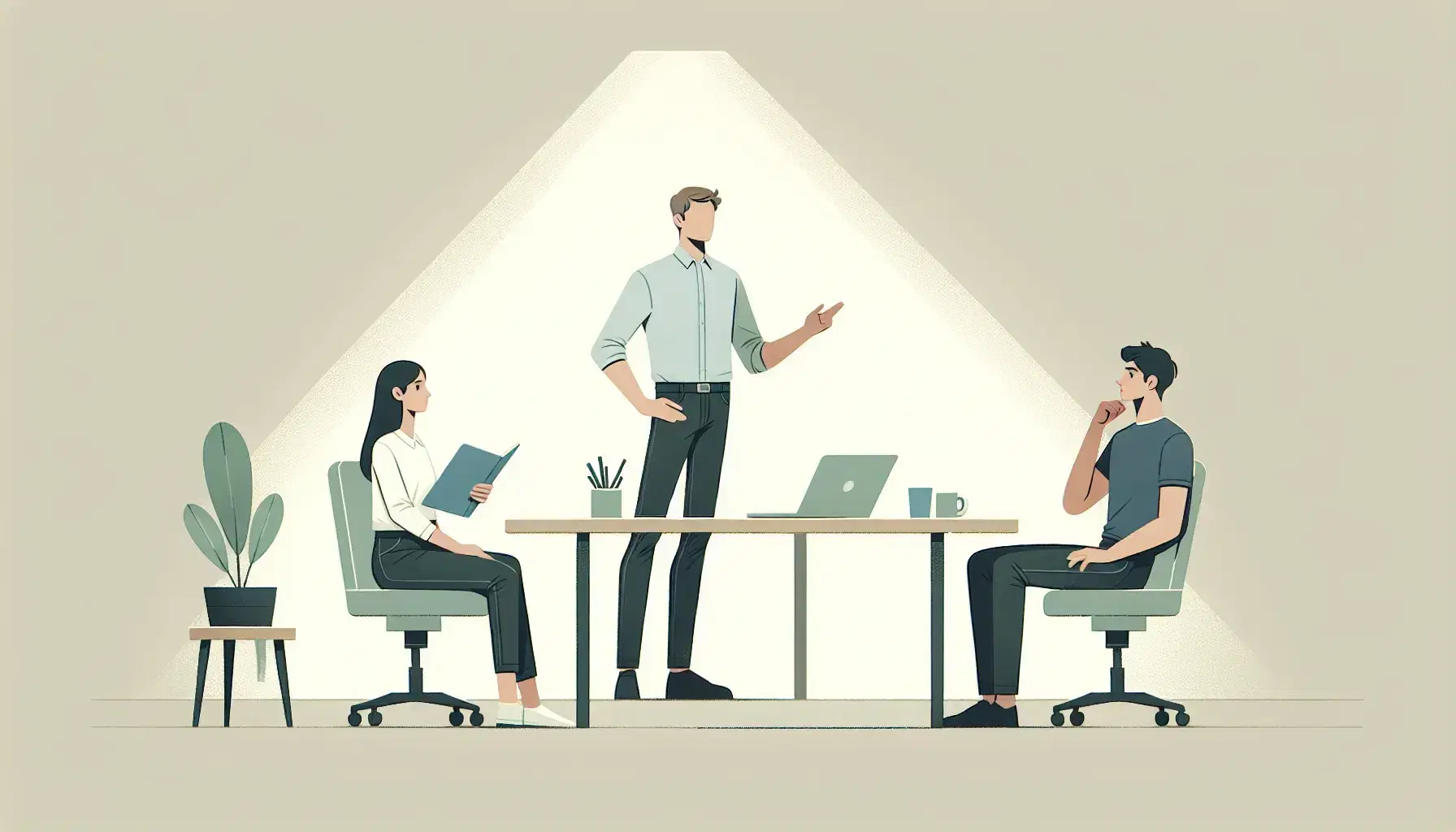 Tres profesionales en reunión de trabajo, uno de pie gesticultando y dos sentados escuchando atentamente, con laptop y accesorios de oficina sobre la mesa.