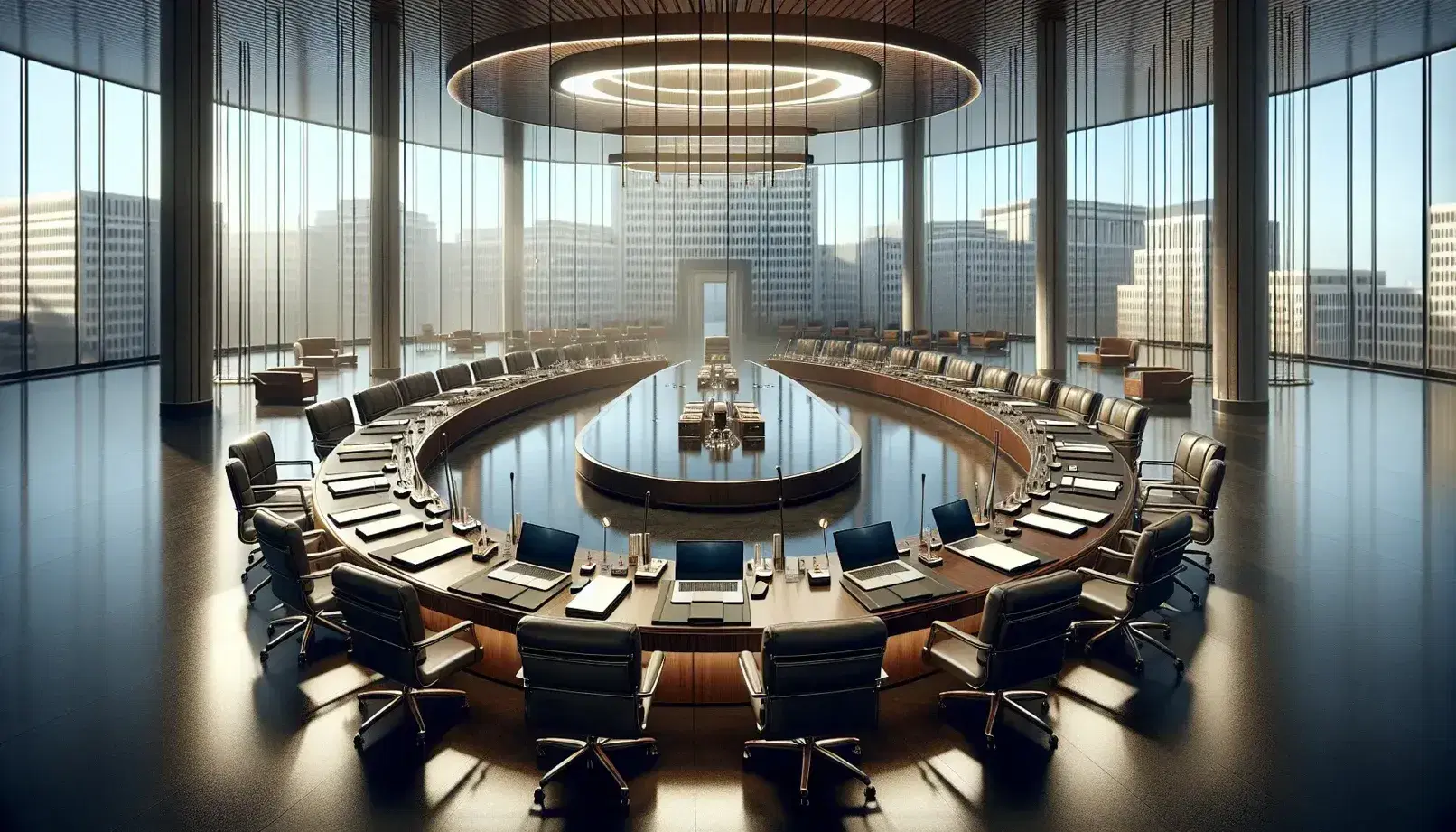 Polished oval table with laptops and documents in a professional meeting room, high-backed chairs, and a cityscape visible through a large window.