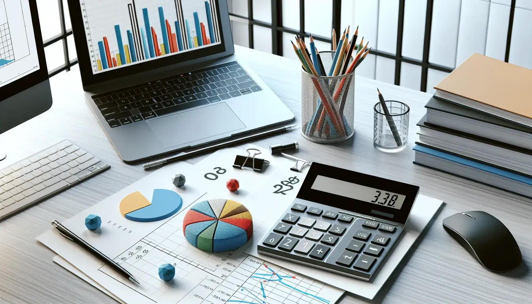 Escritorio de oficina con calculadora científica, gráficos de pastel y barras, lápices en vaso y laptop abierta, con ventana al fondo.