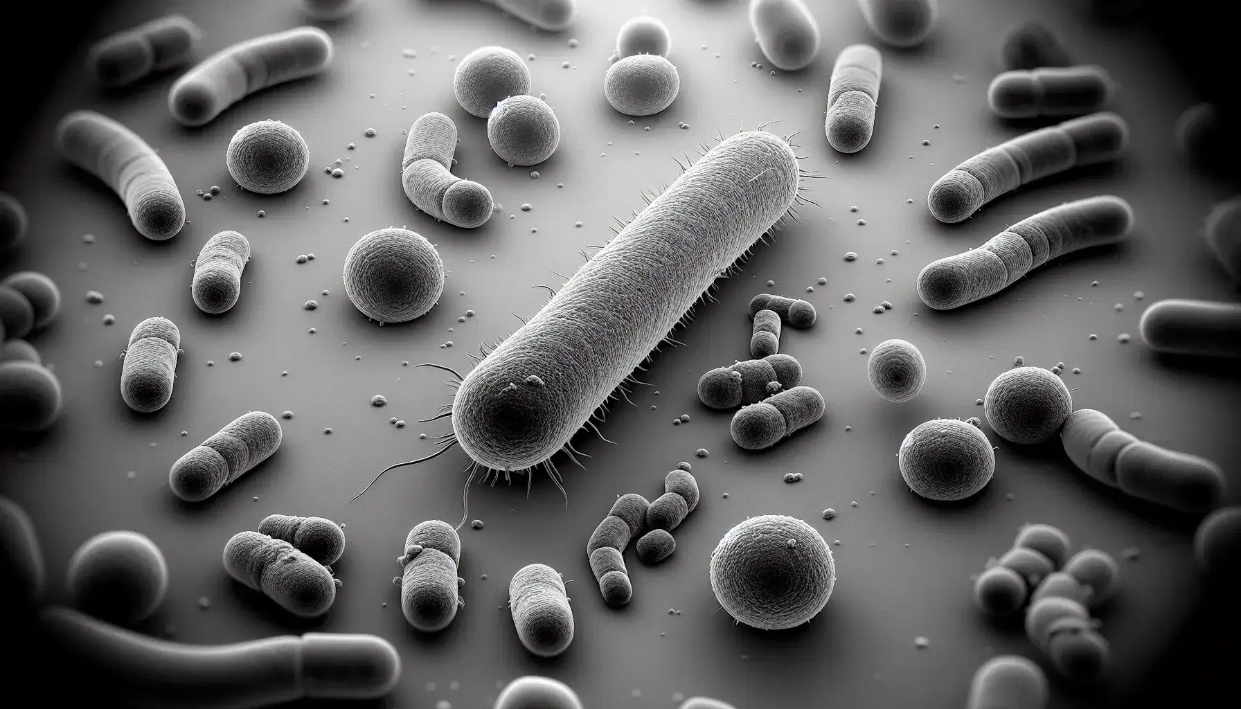 Vista microscópica de bacterias variadas, incluyendo formas de bastón, esféricas, comas y espirales, en tonos de gris sobre fondo claro.