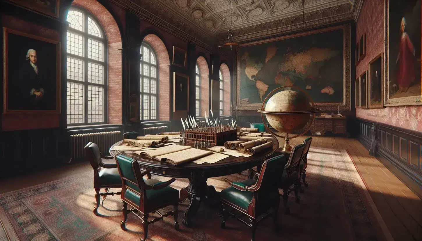 Sala storica con pareti in mattoni rossi, grande tavolo ovale, sedie antiche in legno e pelle, documenti ingialliti, penne d'oca e mappamondo antico.