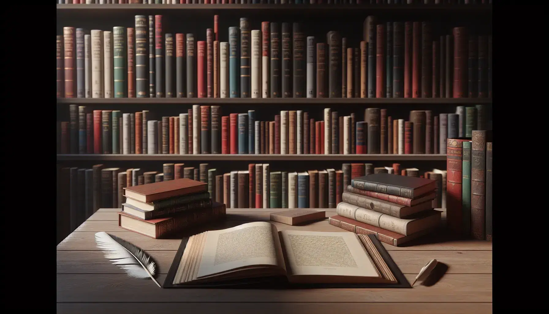 Estantería de madera oscura repleta de libros variados con mesa y libro abierto en primer plano, acompañado de una pluma de ave.