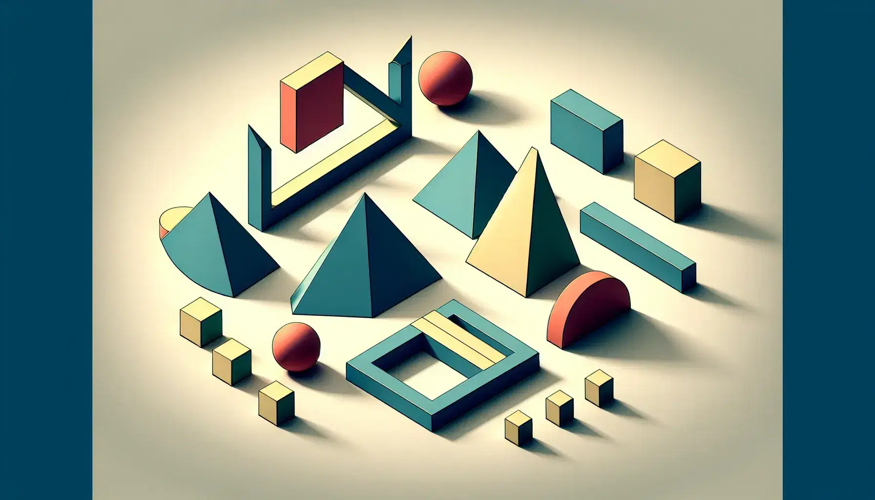 Symmetrical arrangement of geometric shapes with equilateral triangles, parallel rectangles, and aligned circles in blue, green, red, and yellow on a light gray surface.